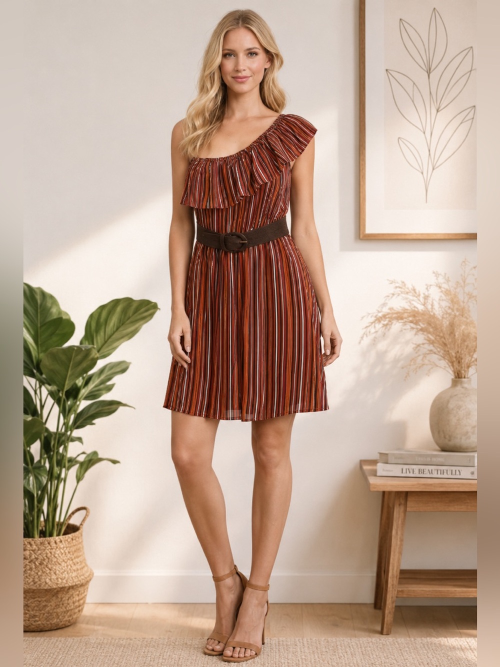 Bisou Bisou Multicolor Vertical-Striped One-Shoulder Dress | 8 | NWT